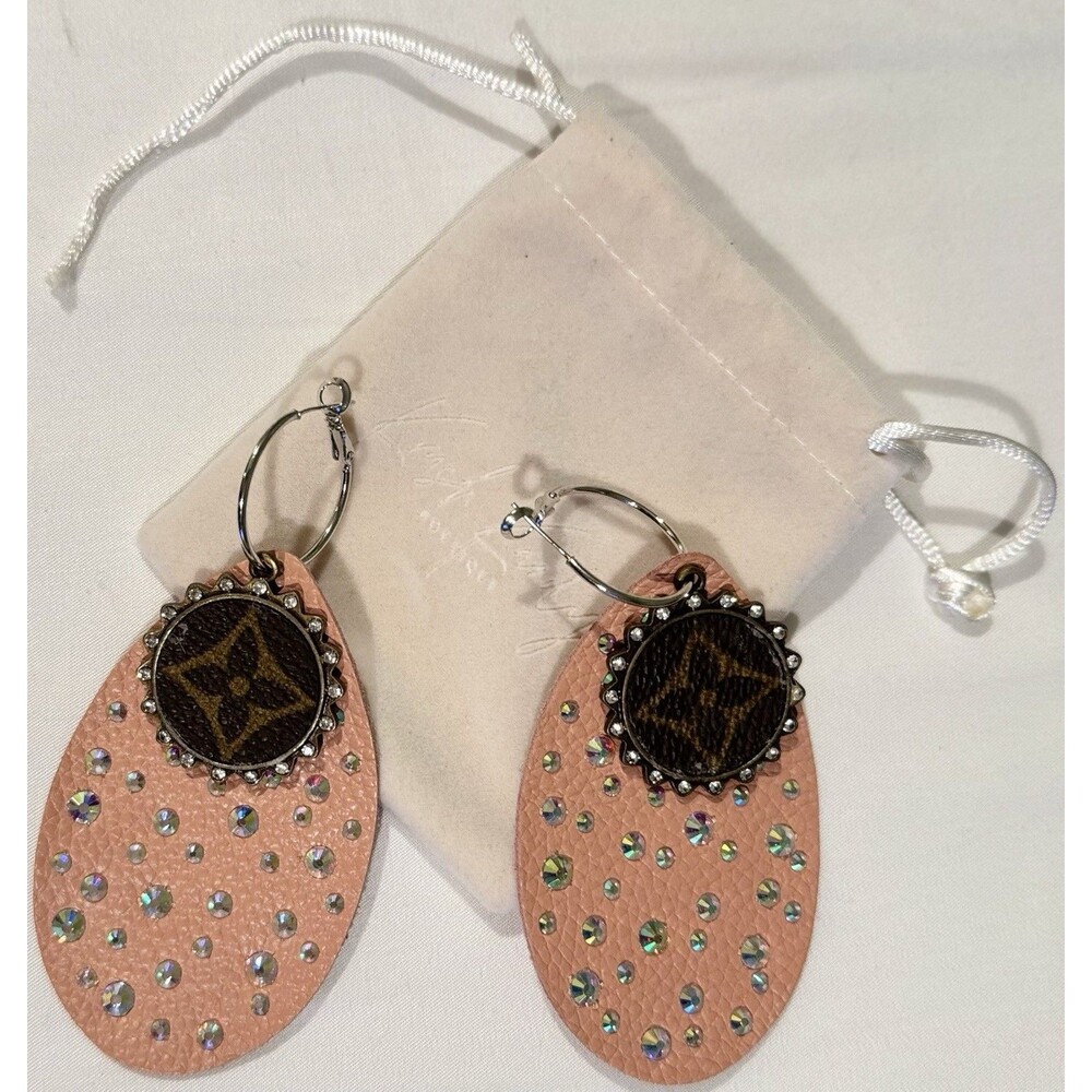 NEW Krush Kandy Boutique Pink Suede Leather Studded Dangle Earrings 4” Brass